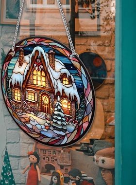 跨 境热销 圣诞屋子亚克力挂件橱窗门廊家居装饰双面图案铁链挂牌