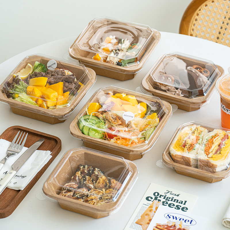 一次性牛皮纸餐盒外卖果切盒水果打包盒甜品轻食沙拉八角便当纸碗
