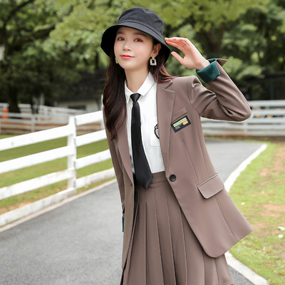 高端英伦西装原创JK制服西服咖啡修身格子时尚学院黑色中长款外套