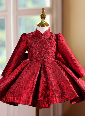 新中式儿童礼服红色公主裙主持人蓬蓬裙钢琴演出服女童礼服裙长袖