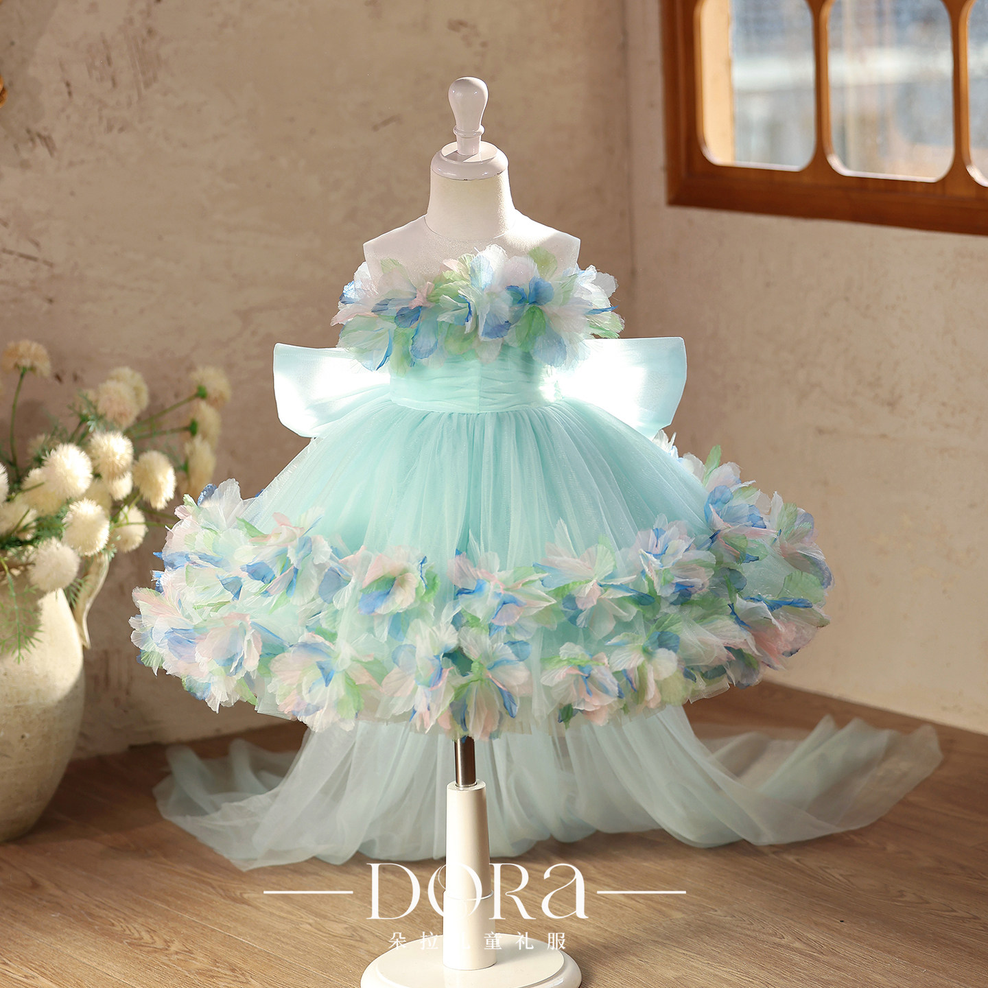 蓝色女童高端小礼服超仙女孩生日公主蓬蓬裙儿童主持人钢琴演出服