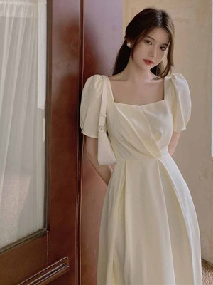 taobao agent Dress, white long skirt, autumn, french style, puff sleeves, square neckline, color skirt