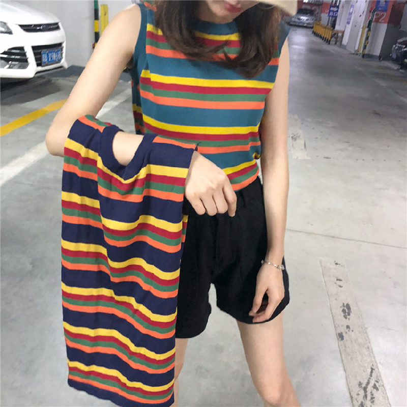 夏装2018新款港味彩虹条纹冰丝针织背心女无袖圆领套头BF百搭上衣