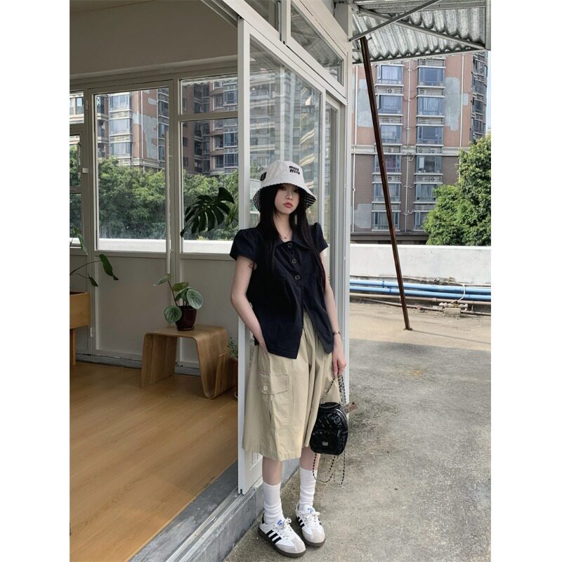 PPSHD｜ 减龄黑色翻领娃娃衫小上衣+卡其中裙套装