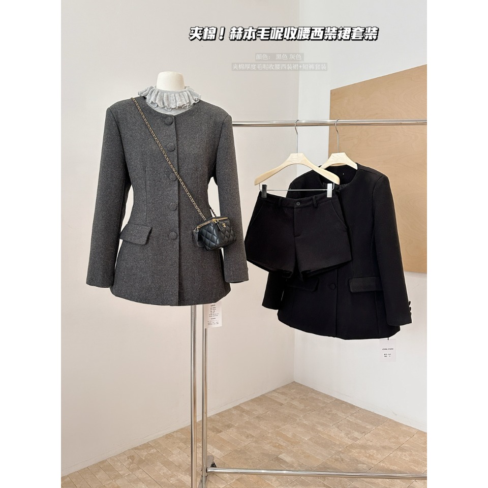 PPSHD气质夹棉收腰毛呢外套女冬高级感富家千金呢子外套+短裤套装