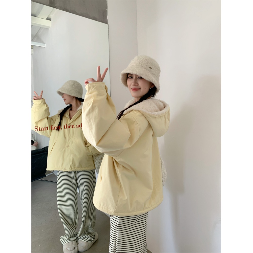 PPSHD毛绒绒奶黄柔软奶黄羊羔毛内衬保暖棉服外套加绒裤子套装