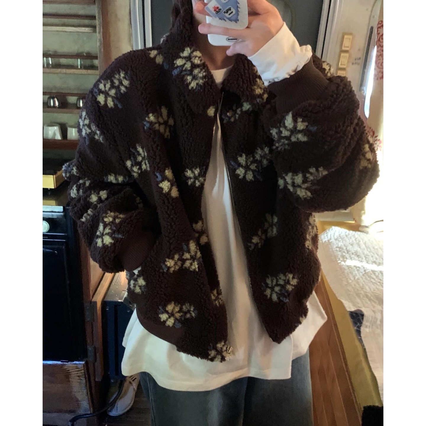 PPSHD 韩国chic 复古减龄花朵提花百搭长袖羊羔绒棉服保暖外套