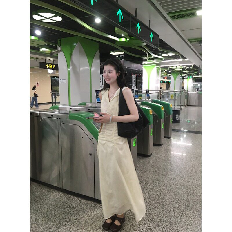 PPSHD｜  海边旅游度假风法式气质海军V领褶皱连衣裙女夏季长裙