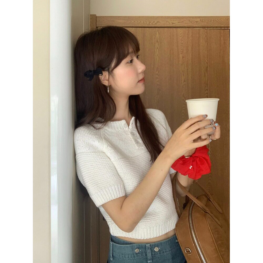 PPSHD针织毛衣女复古小众三粒扣粗针织插肩短袖厚实叠穿百搭上衣