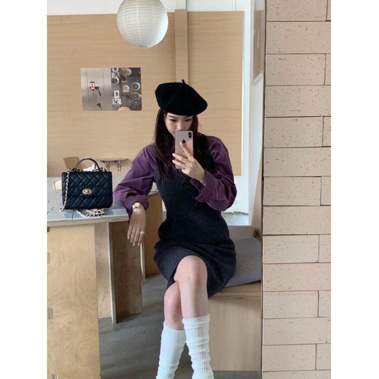 PPSHD韩系复古高级感紫色衬衫百搭V领吊带毛衣中裙套装