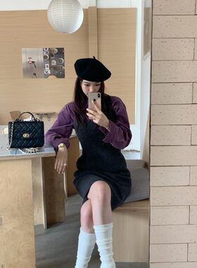 PPSHD韩系复古高级感紫色衬衫百搭V领吊带毛衣中裙套装