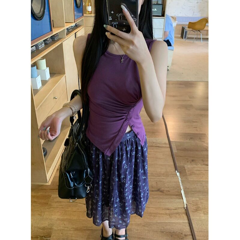 PPSHD｜ 复古气质港风紫色碎花半身裙辣妹小众高腰显瘦百褶A字裙
