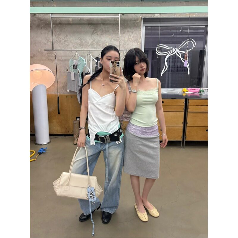 PPSHD|韩国ins博主薄荷色蕾丝拼接低腰半身裙直筒短裙色