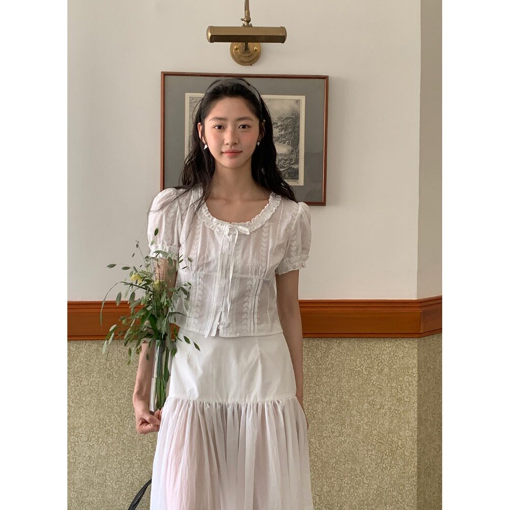 PPSHD｜ 韩系甜美清新蕾丝提花棉质打条工艺泡泡短袖衬衫