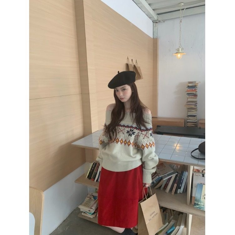 PPSHD韩系温柔一字肩费尔岛毛衣复古圣诞红半身裙套装