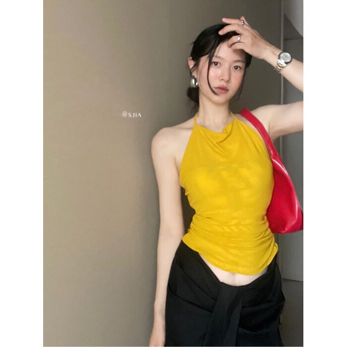 PPSHD美式ins姜黄色挂脖收褶修身露背吊带