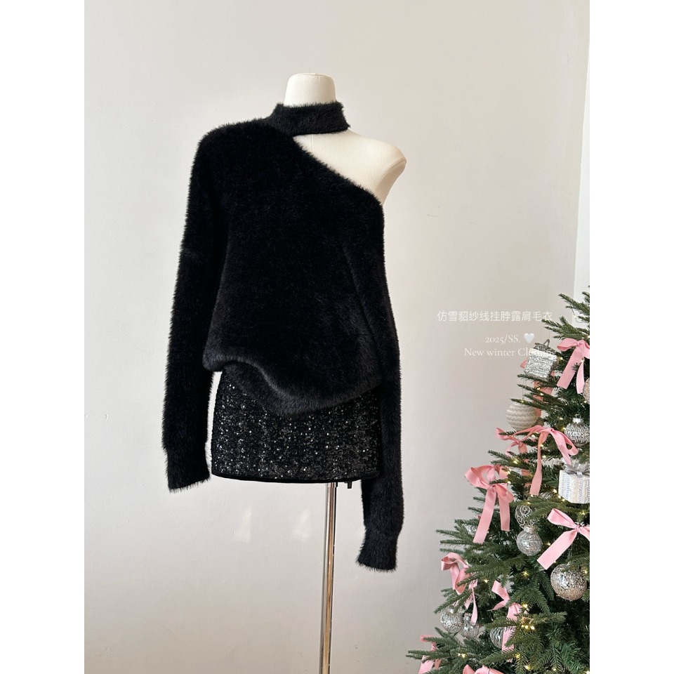 PPSHD独特设计感仿水貂绒露肩毛衣秋冬宽松慵懒风奶fufu针织上衣