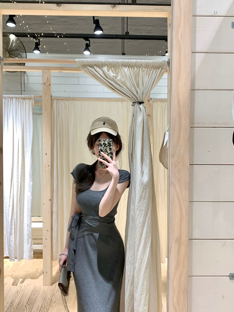 PPSHD韩系灰色圆领短袖针织绑带连衣裙慵懒修身收腰简约长款裙子