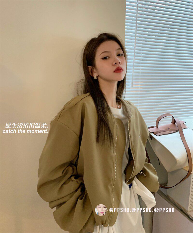 PPSHD早春新款褶皱袖子设计感纯色短外套女复古立领长袖夹克上衣