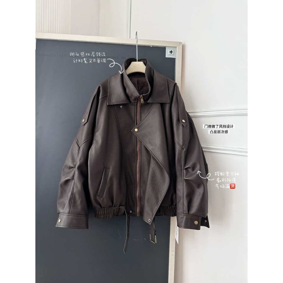 PPSHD加厚羽绒棉棕色皮衣外套女冬新款美式机车服廓形高级感夹克