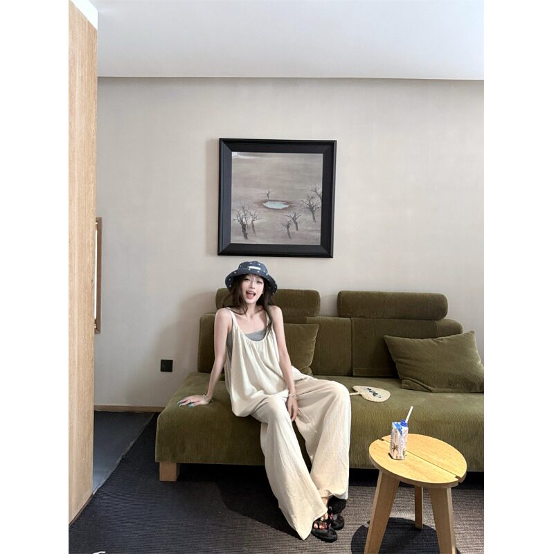 PPSHD｜ 慵懒风亚麻色棉麻连体吊带裤+灰色背心套装