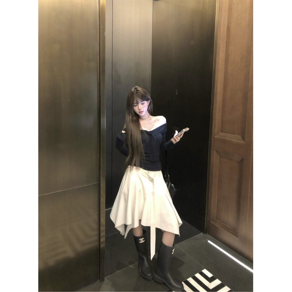 PPSHD 一字领网纱拼接扭结针织衫女气质小众修身百搭上衣
