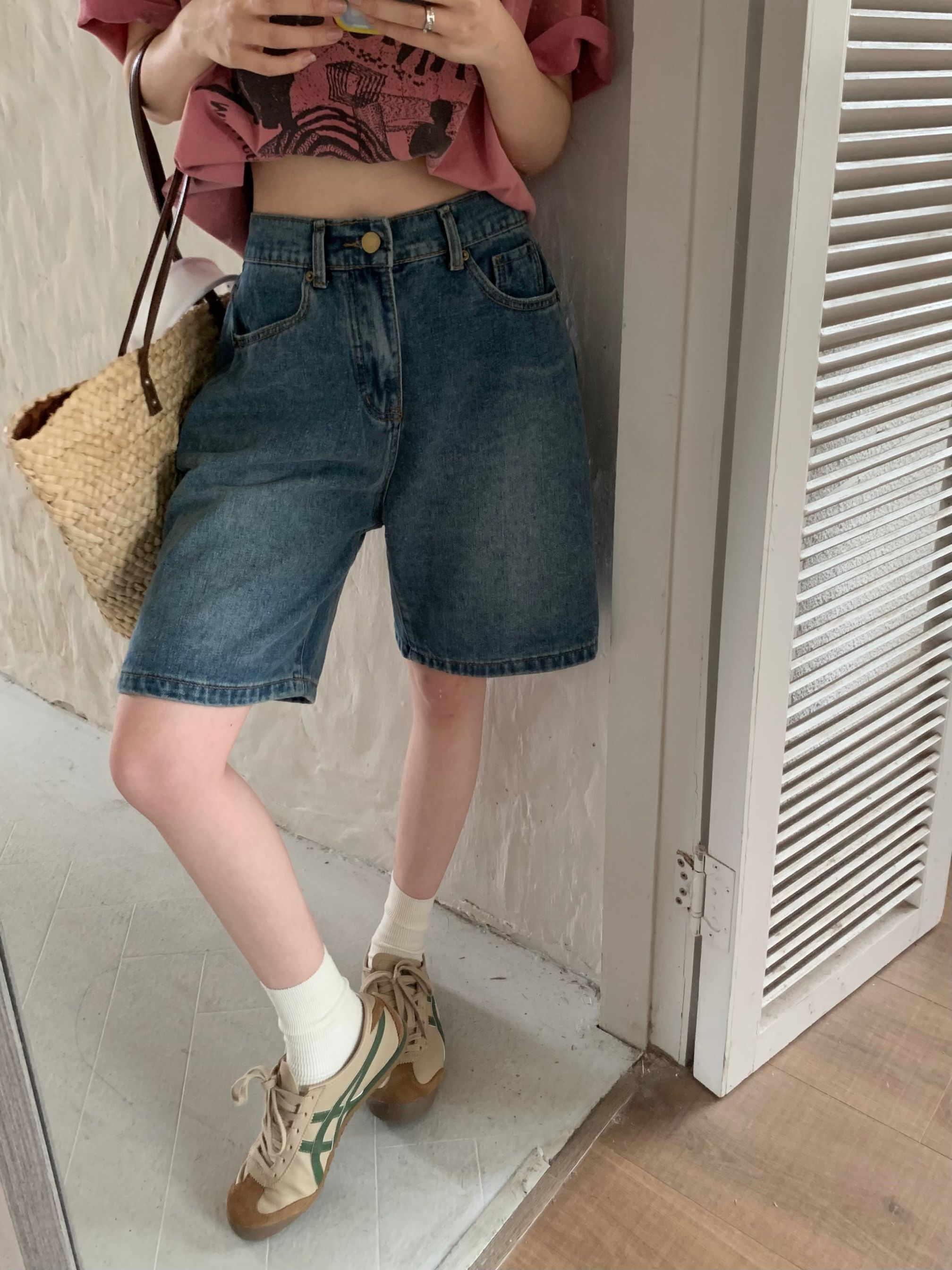 PPSHD牛仔裤女夏季薄款chic复古牛仔裤松紧腰五分裤宽松阔腿中裤
