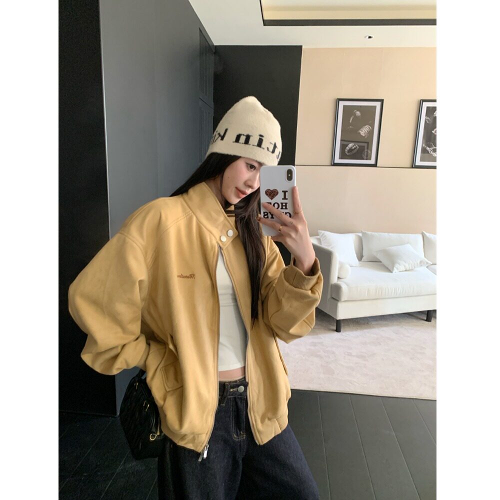 PPSHD 格子拼接鹿皮绒外套女秋季空气层棒球服休闲夹克上衣
