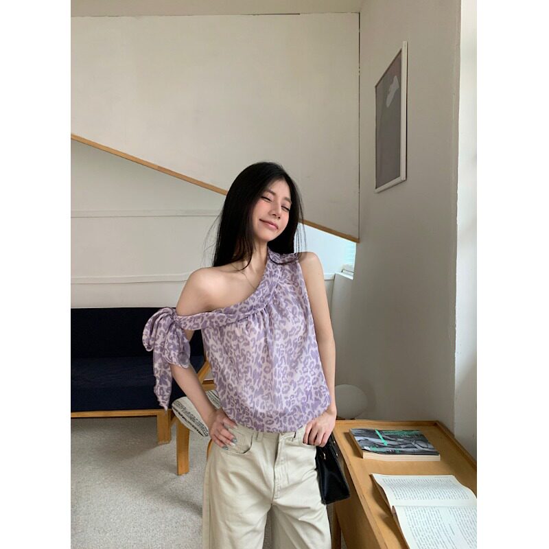 PPSHD| 法式少女豹纹斜肩飘带背心氛围感露肩蝴蝶结短上衣