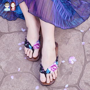 黑底樱花曼舞木屐女夏纯手工木拖鞋人字拖鞋橡胶底包邮