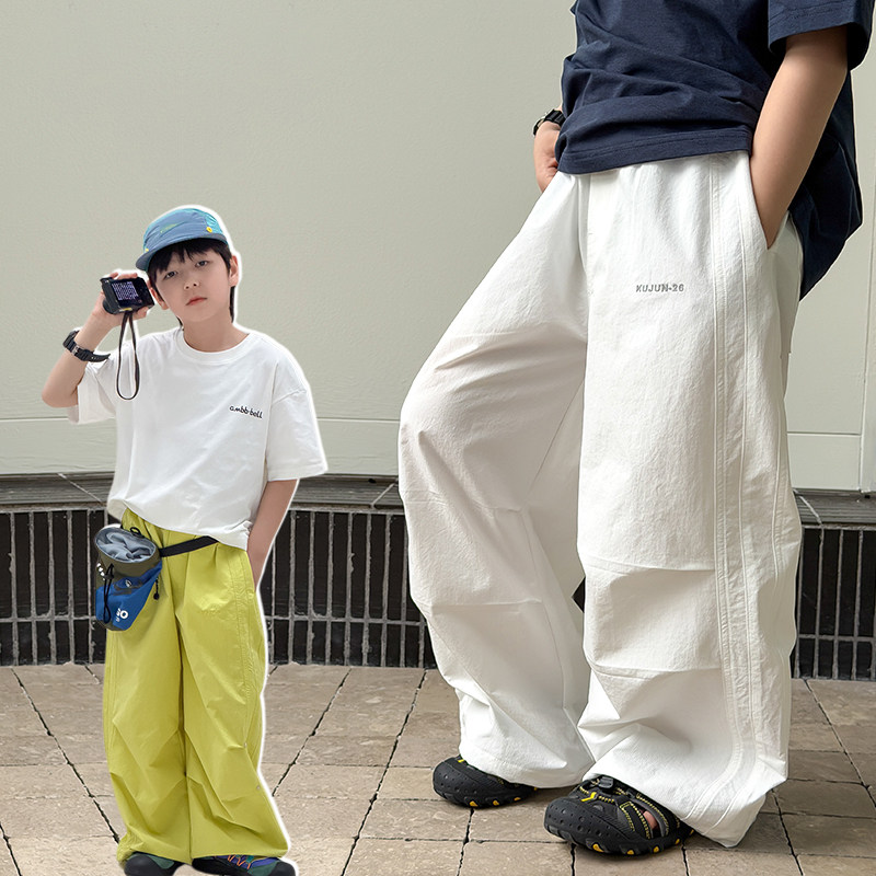 依依妈男童纯色休闲裤儿童春装宝宝可束脚钉扣拼接宽松直筒裤子潮