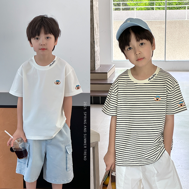 依依妈男童刺绣卡通条纹短袖t恤