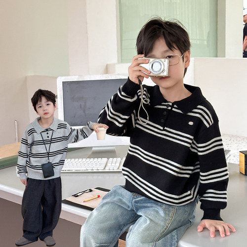 依依妈男童撞色翻领条纹polo毛衣