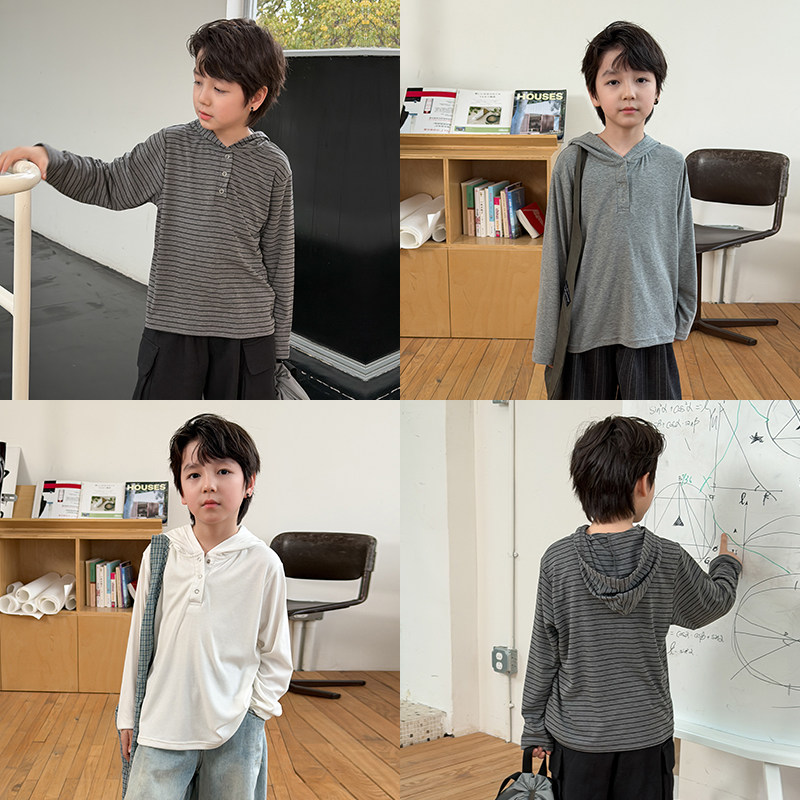 依依妈男童高弹条纹连帽长袖打底衫儿童春装宝宝纯色宽松休闲t恤