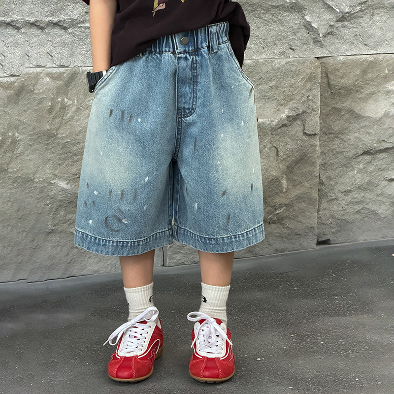 依依妈男童泼墨做旧砂洗牛仔短裤儿童夏装宝宝宽松直筒阔腿五分裤