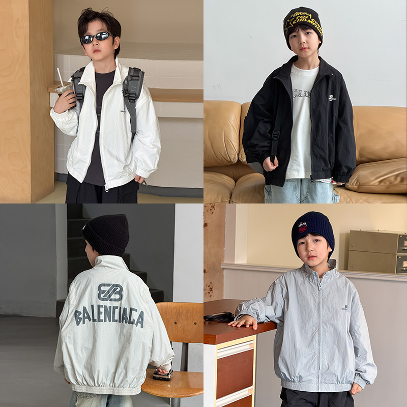 依依妈男童字母户外冲锋衣儿童春装上衣宝宝宽松纯色夹克休闲外套