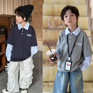 依依妈男童条纹拼接假两件polo领卫衣儿童秋装宝宝条纹字母打底衫