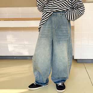 依依妈男童直筒牛仔裤儿童春装宝宝宽松做旧拼接弯刀复古休闲裤子