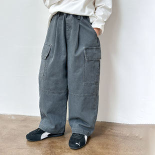依依妈男童做旧全棉拼接休闲裤儿童秋装宝宝宽松直筒纯色工装裤潮