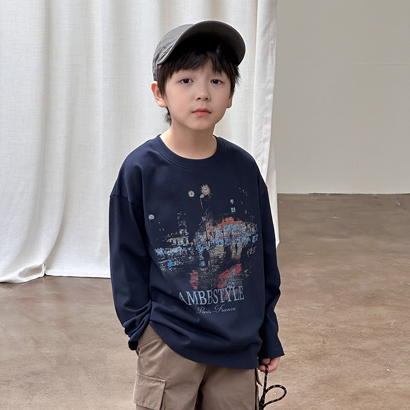 男童字母复古涂鸦印花长袖t恤