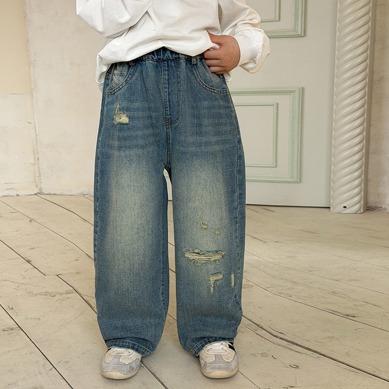 依依妈男童破洞牛仔裤儿童春装裤子宝宝宽松直筒复古砂洗休闲裤潮