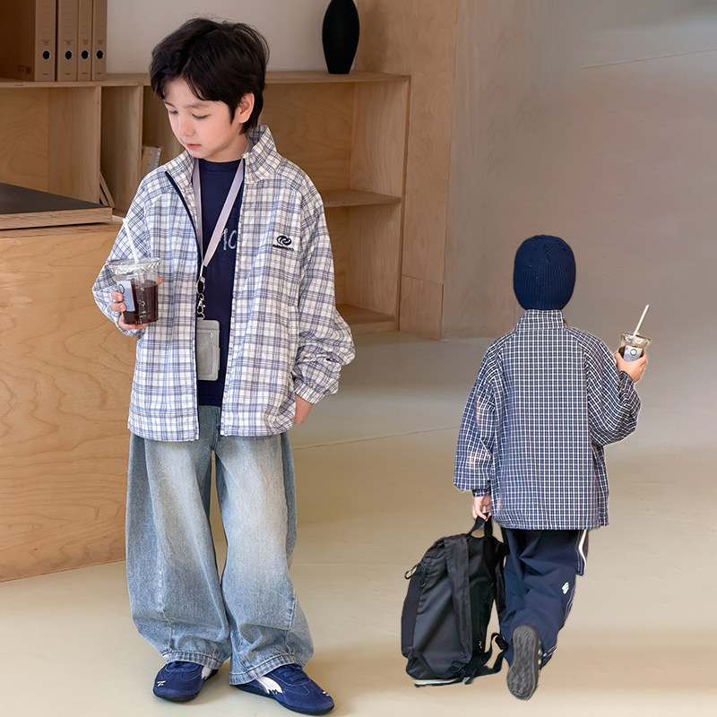 依依妈男童格子休闲外套儿童春装上衣宝宝宽松字母立领夹克衬衫潮