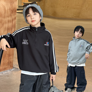 依依妈男童半拉链条纹袖运动卫衣儿童秋装上衣宝宝宽松休闲打底衫