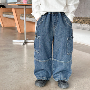 依依妈男童明线拼接牛仔裤儿童春装休闲裤宝宝宽松直筒韩系工装裤