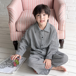 依依妈男童全棉格子家居服儿童秋装宝宝宽松翻领衬衫裤子睡衣套装