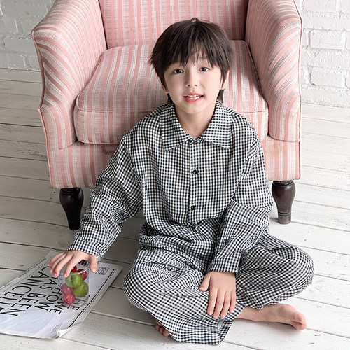依依妈男童格子家居服套装