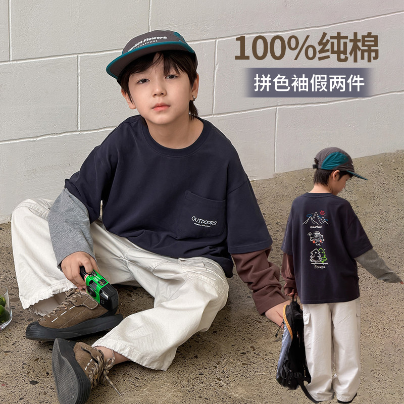 依依妈男童全棉上衣2026秋季新款中大童假两件宽松字母T恤儿童装图片