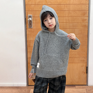 依依妈男童加厚连帽毛衣儿童冬装宝宝宽松休闲纯色针织打底上衣潮