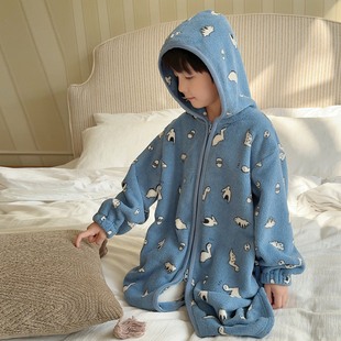 依依妈男童雪粒绒珊瑚绒睡袍儿童冬装宝宝宽松保暖家居服连帽睡衣