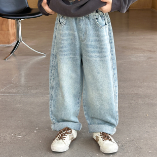依依妈男童复古砂洗弯刀牛仔裤儿童秋装宝宝宽松直筒潮童休闲裤子